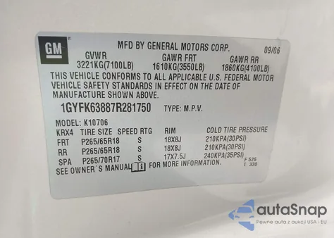 2007 Cadillac Escalade Standard z USA, uszkodzony, nr VIN 1GYFK63887R281750